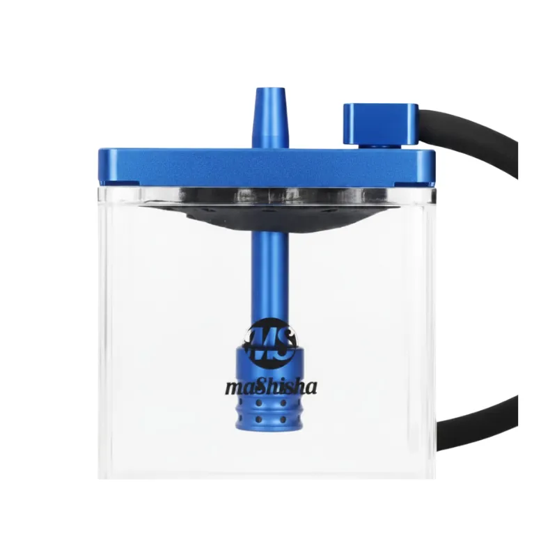 Cachimba MS Micro Blue Mashisha de alta calidad fabricada en metacrilato con formato en forma de cubo de atractivo diferente y acabado Blue exclusivo, cuerpo metálico con 4 zonas de purga en la propia tapa, manguera lavable, maletín de transporte y juego completo de gomas en The Good Shisha
