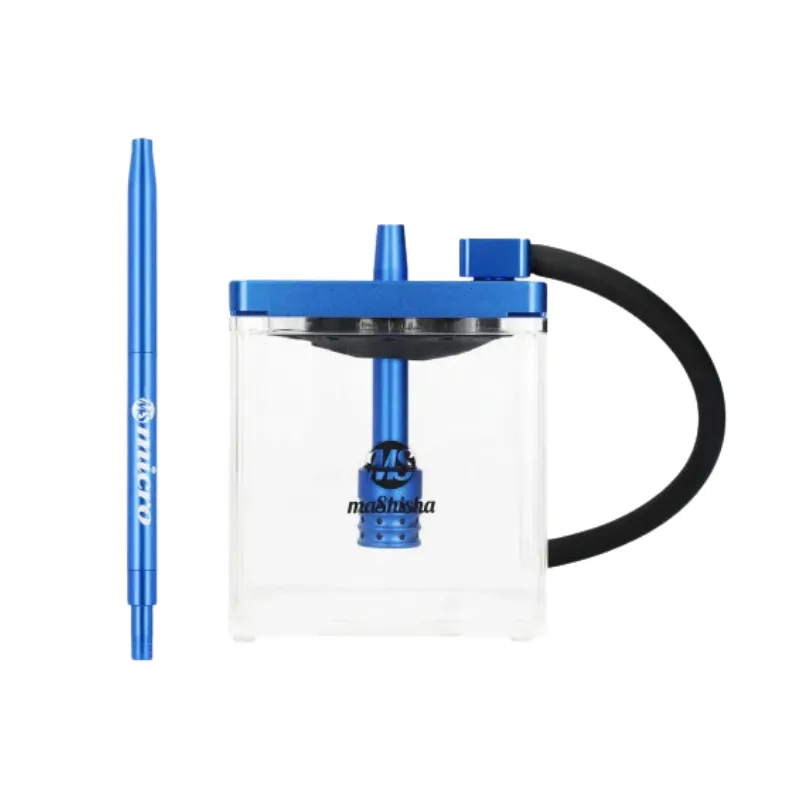 Cachimba MS Micro Blue Mashisha de alta calidad fabricada en metacrilato con formato en forma de cubo de atractivo diferente y acabado Blue exclusivo, cuerpo metálico con 4 zonas de purga en la propia tapa, manguera lavable, maletín de transporte y juego completo de gomas en The Good Shisha