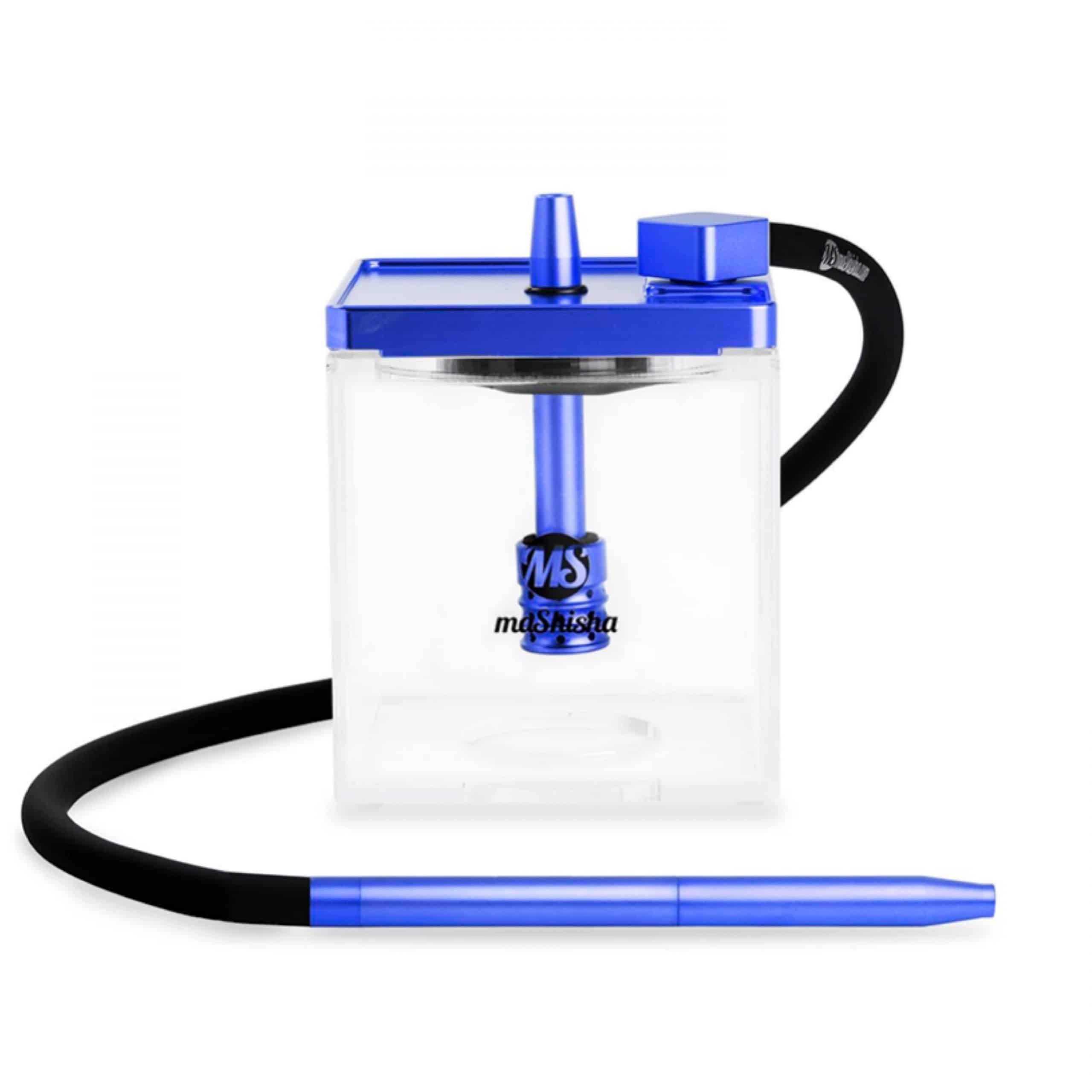 Cachimba MS Micro Blue Mashisha de alta calidad fabricada en metacrilato con formato en forma de cubo de atractivo diferente y acabado Blue exclusivo, cuerpo metálico con 4 zonas de purga en la propia tapa, manguera lavable, maletín de transporte y juego completo de gomas en The Good Shisha