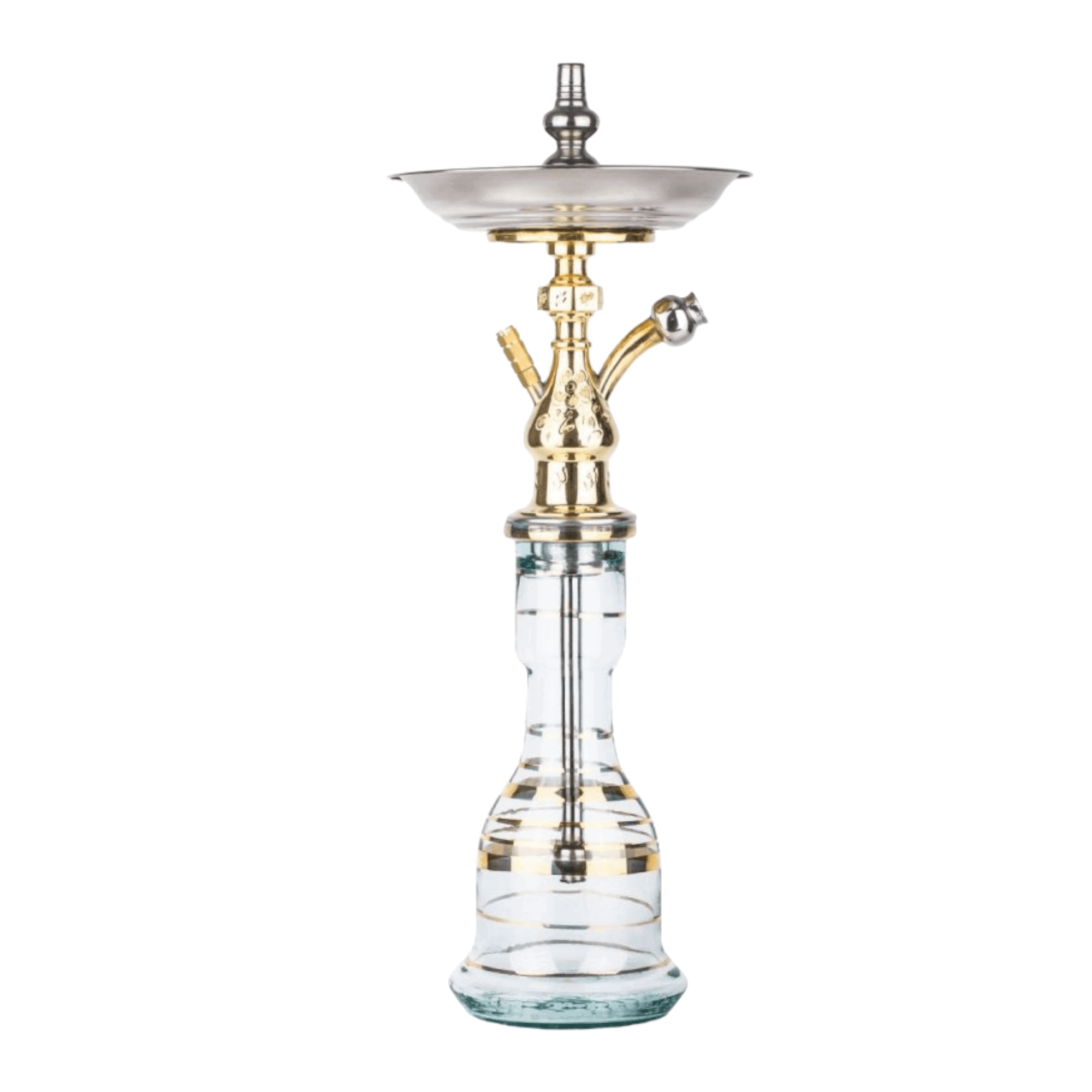 Cachimba El Nefes Mini Djem turca artesanal de 57 cm con cuerpo en latón fundido, tubo de cobre en el tiro, base de cristal, plato de metal, pinzas pequeñas y juego de gomas en The Good Shisha