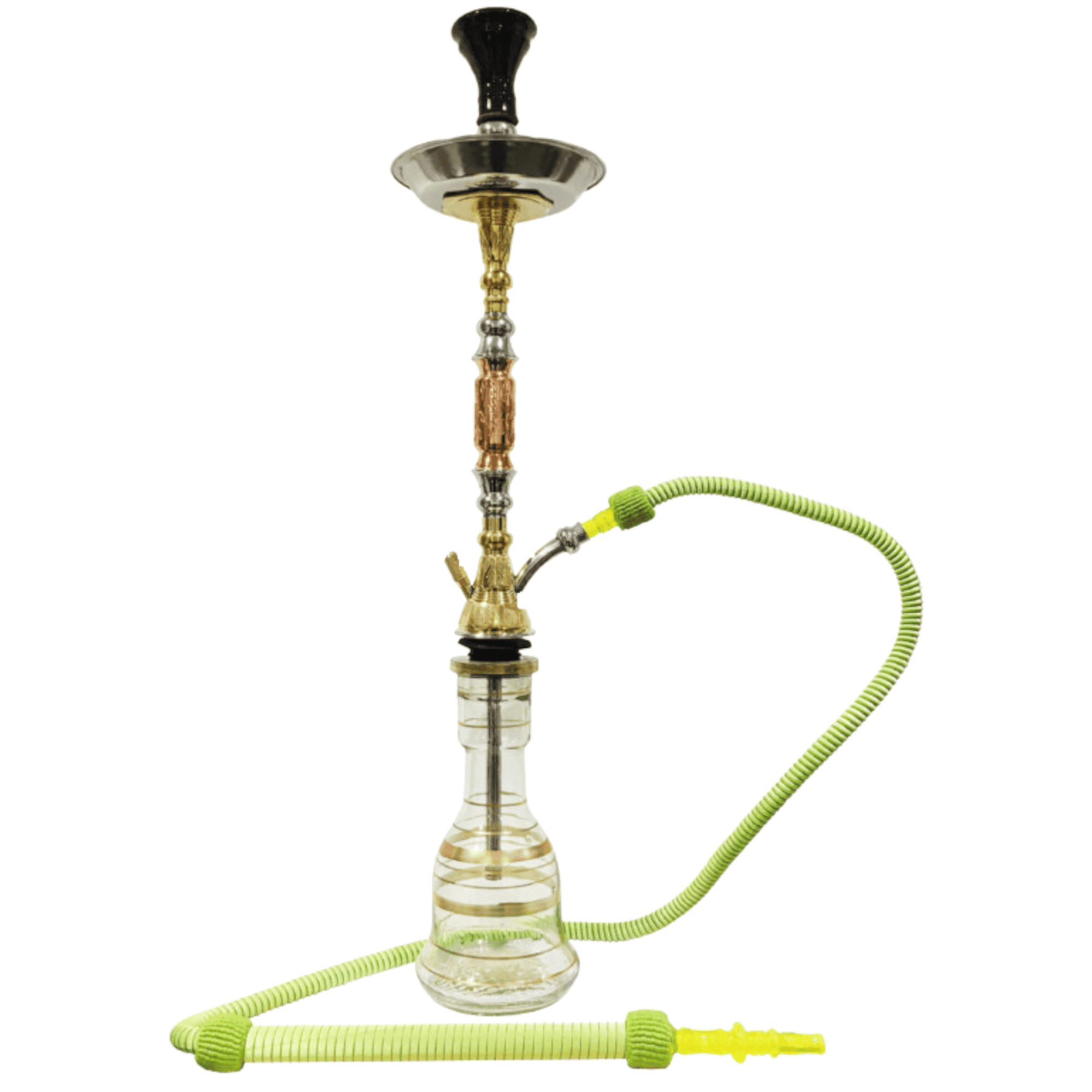 Cachimba El Nefes Trimetal Bastoma egipcia artesanal de 79 cm con base de dibujos llamativos y forma diferente, base egipcia de cristal, plato para ceniza y gomas egipcias en The Good Shisha