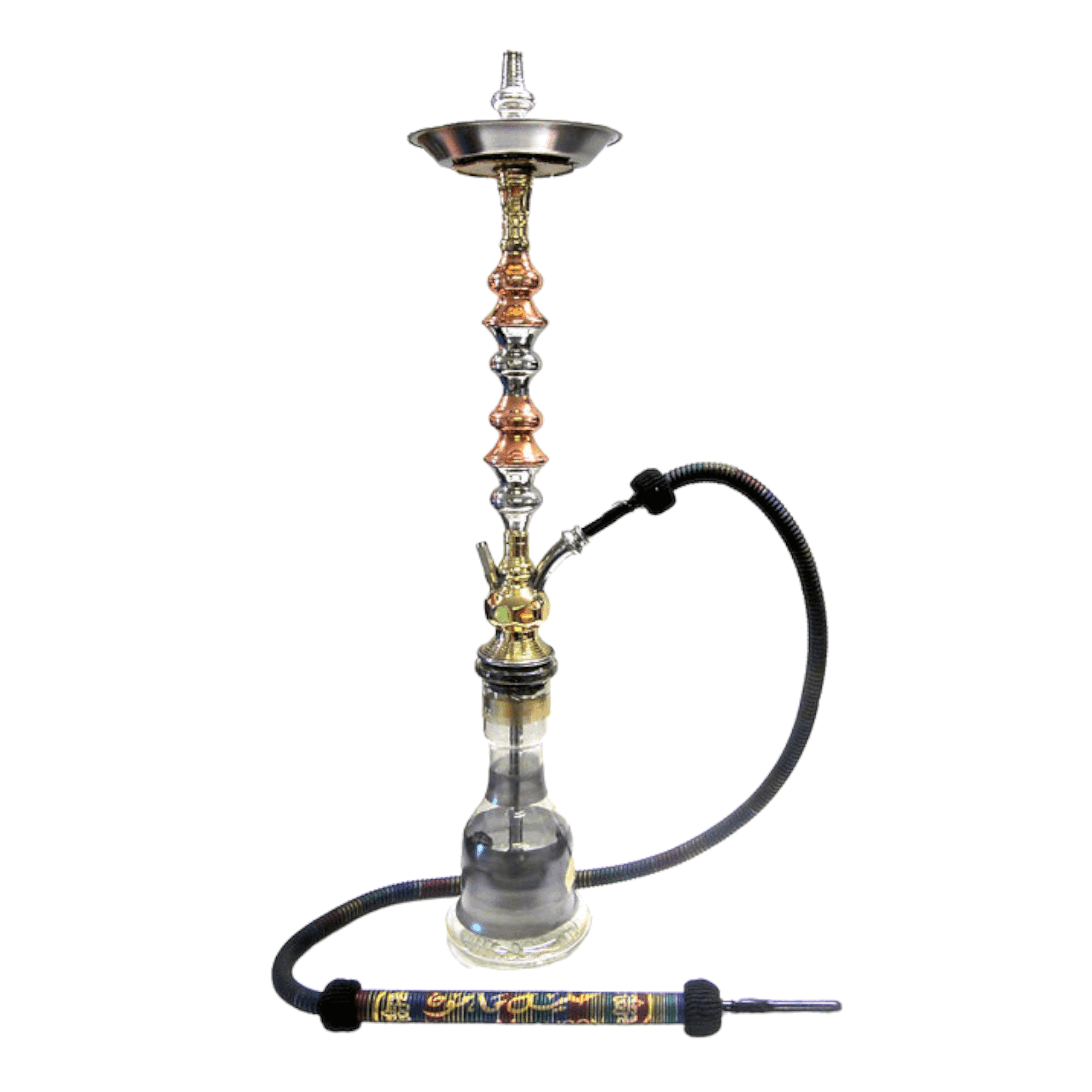 Cachimba El Nefes Medium turca artesanal de 67 cm fabricada en tres materiales distintos (latón, cobre y acero) con base egipcia de cristal, plato para ceniza y gomas egipcias en The Good Shisha