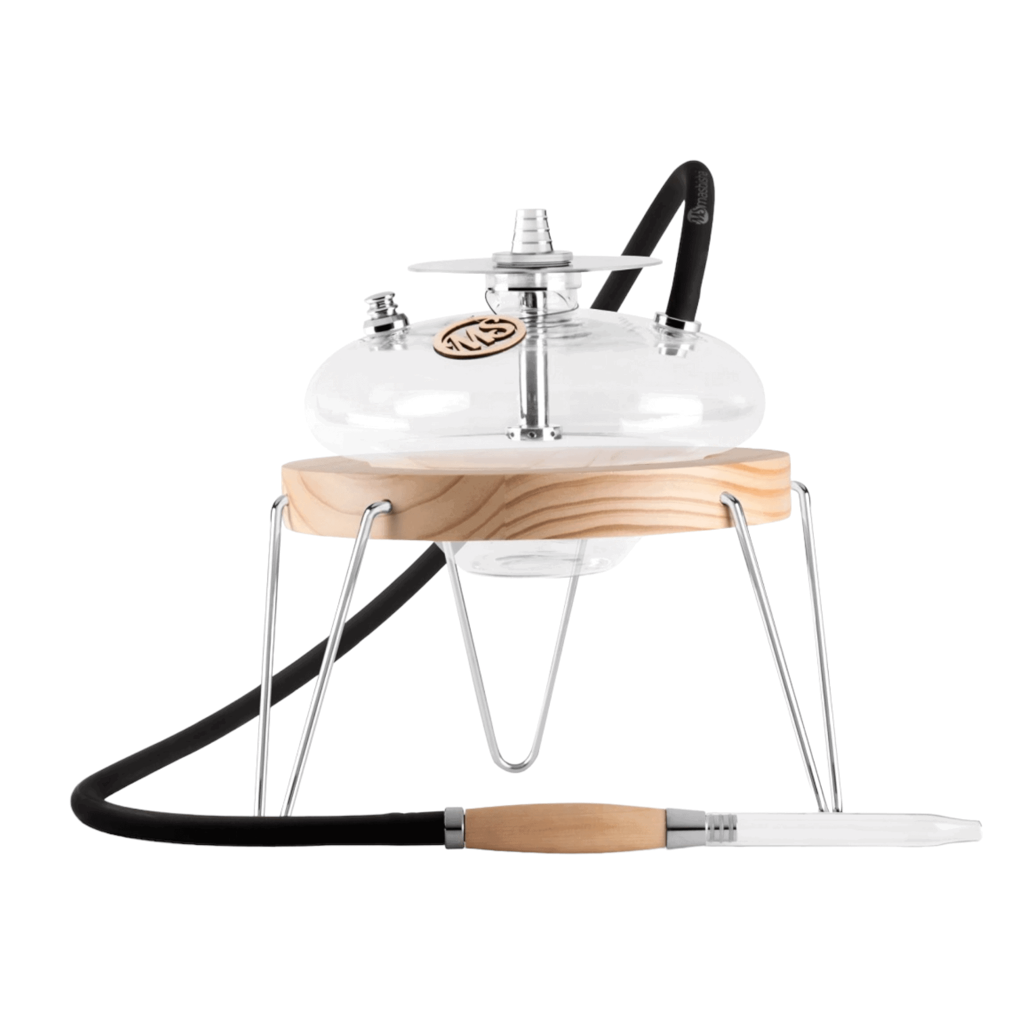 Cachimba MS Scandi Mashisha de 35 cm de altura y 25 cm de diámetro con diseño escandinavo elegante y sencillo, partes metálicas en acero inoxidable, soporte de madera para estabilidad, base de cristal, manguera de silicona, boquilla de cristal con mango de madera y difusor en The Good Shisha