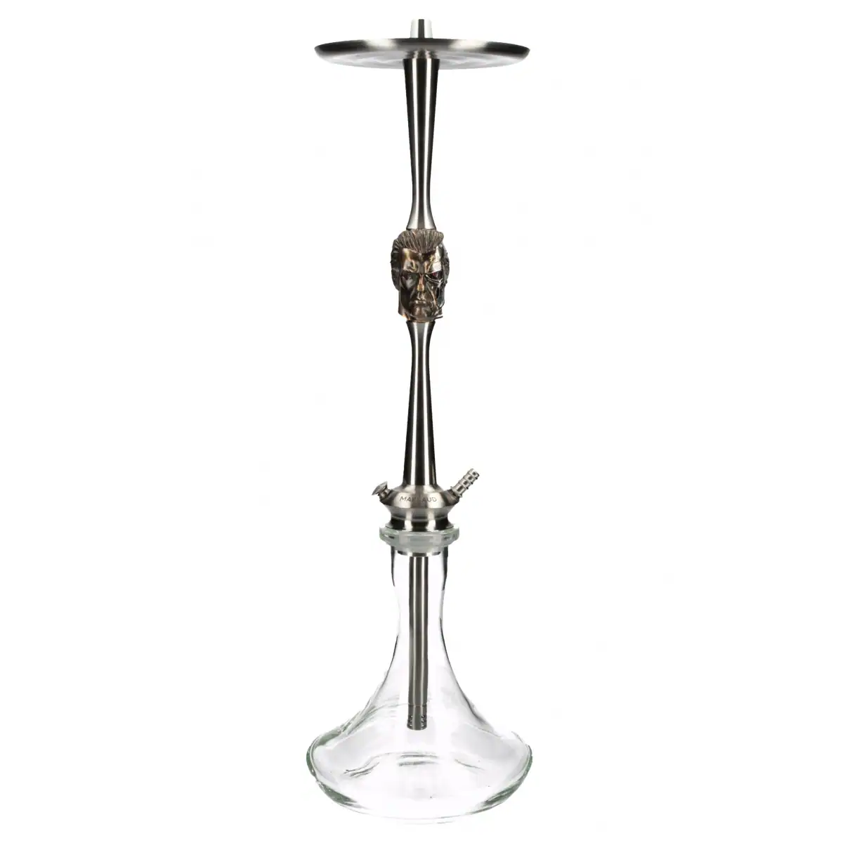 Cachimba Maklaud Bebacker rusa exclusiva fabricada en acero inoxidable y latón con pieza central que encarna a Terminator con dos caras la humana y la robot, cámara tradicional, difusor fijo silenciador y base transparente conectada a presión con goma anti-fugas en The Good Shisha