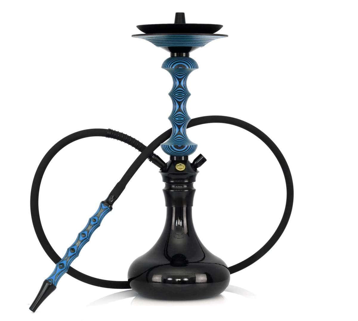 Japona Hookah Shuriken Mini Blue-Black cachimba rusa con acabado azul y negro exclusivo, verdadera obra maestra con mástil de madera tostada con formas enlazadas y partes en acero inoxidable, plato con parte de acero y madera y base de cristal soplado a mano con encaje a presión en The Good Shisha