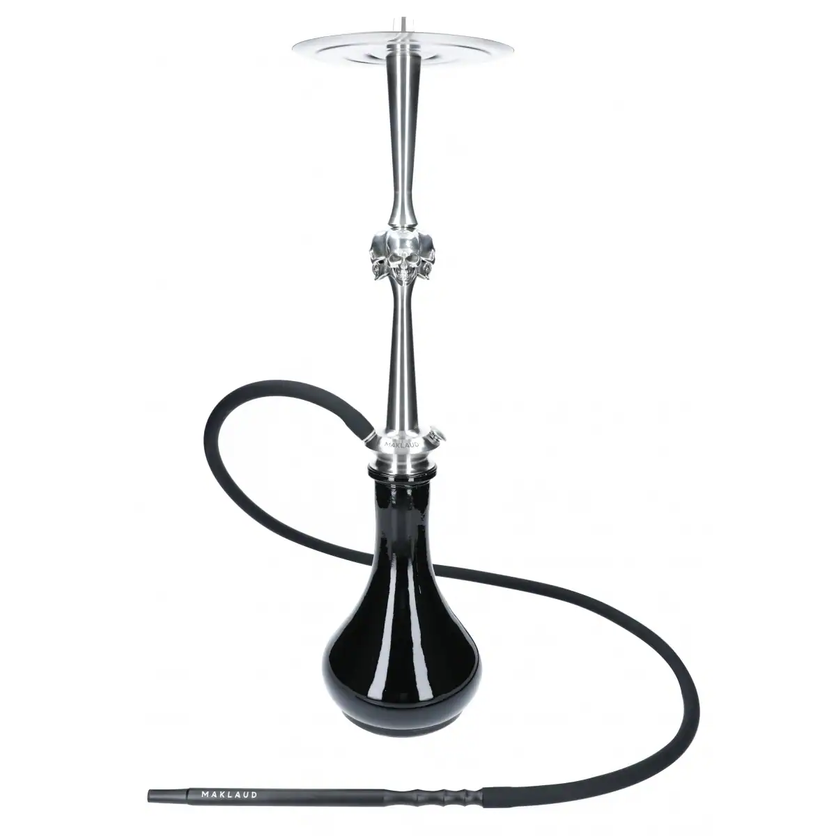 Cachimba Maklaud Skull rusa de 70 cm fabricada con los mejores materiales acero inoxidable de gran calidad y latón, con accesorio central del mástil SKULL realizado a mano y replicado en latón, incluye base transparente y goma junta base en The Good Shisha