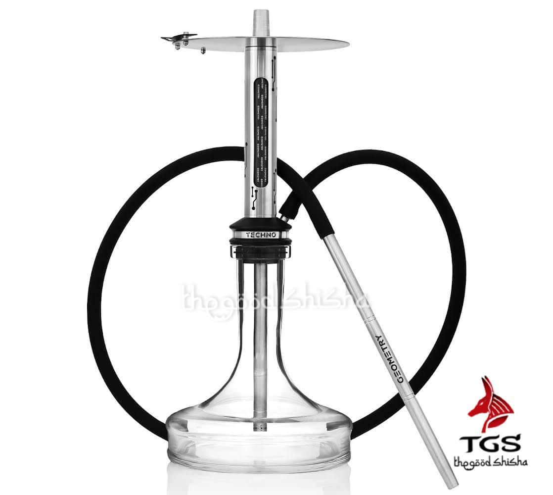 Cachimba Geometry Hookah Techno Metal Steel rusa de 55 cm totalmente fabricada en acero inoxidable con purga por todo el recorrido del mástil, efecto visual hipnotizante, plato con saliente para pinzas, base de cristal y manguera de silicona en The Good Shisha