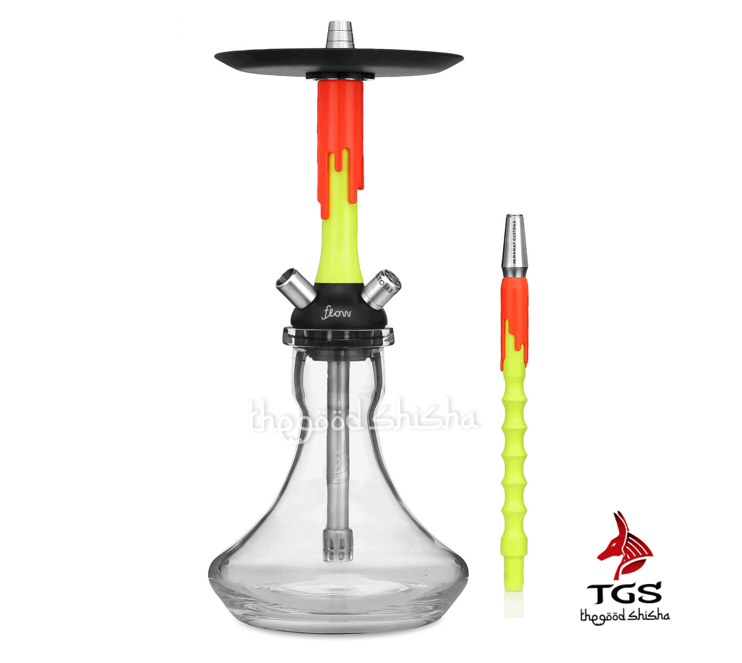 Cachimba Mamay Customs Flow Lemon Orange rusa en amarillo flúor y naranja con acero inoxidable, aluminio anodizado y cámara de poliacetal