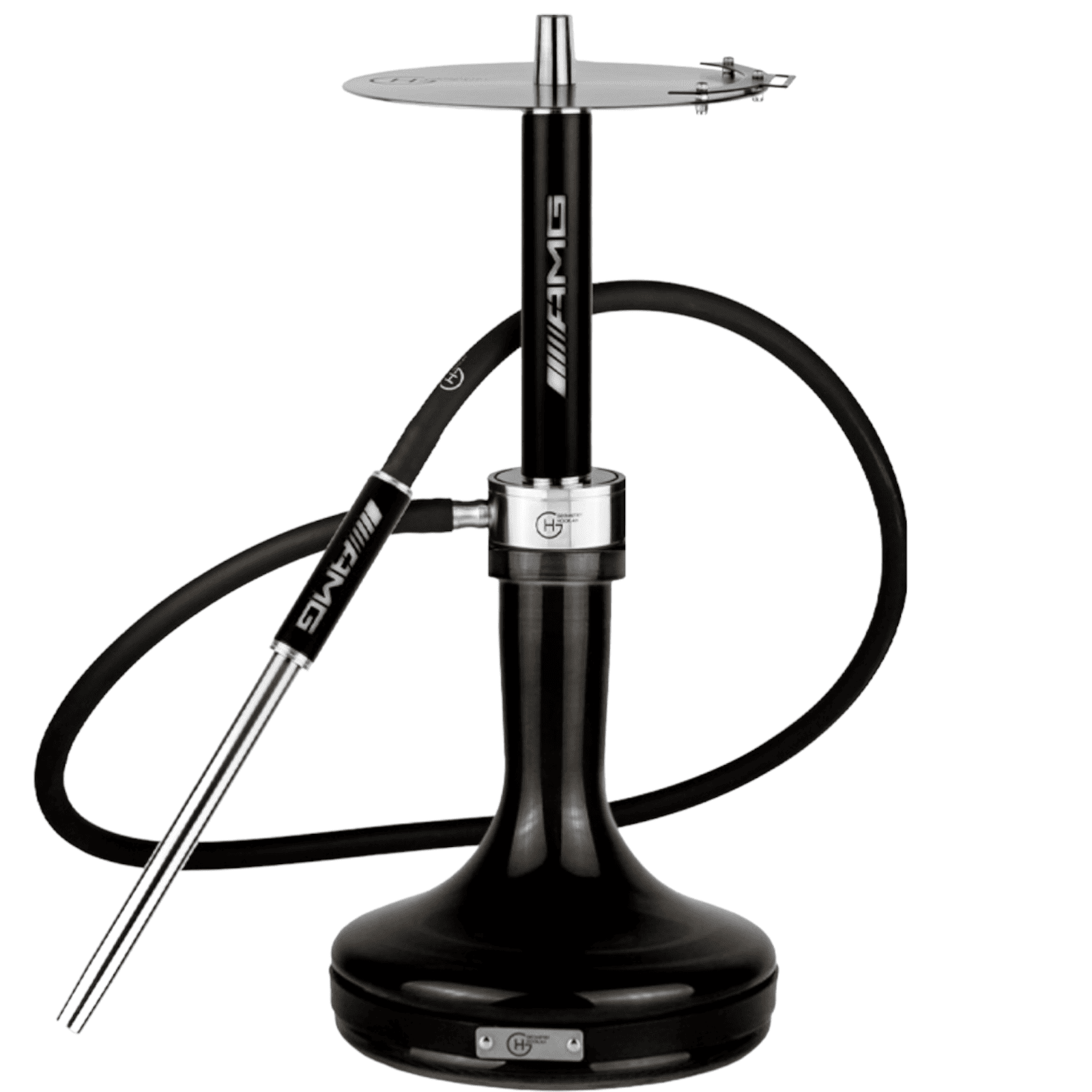 Cachimba Geometry Big Bro AMG colaboración exclusiva con la marca de coches deportivos AMG, mástil de acero inoxidable V2A, cámara tradicional de poliacetal, plato grabado láser, tubo de inmersión con difusor desenroscable, base Geometry y manguera silicona Soft Touch en The Good Shisha