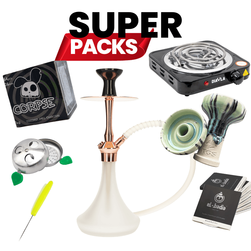 Pack cachimba El Badia C5 V2 en aluminio anodizado y acero inoxidable con base de cristal grueso, manguera de silicona, cazoleta TGS Nilo, gestor Provost, papel aluminio, punzón y carbón en The Good Shisha