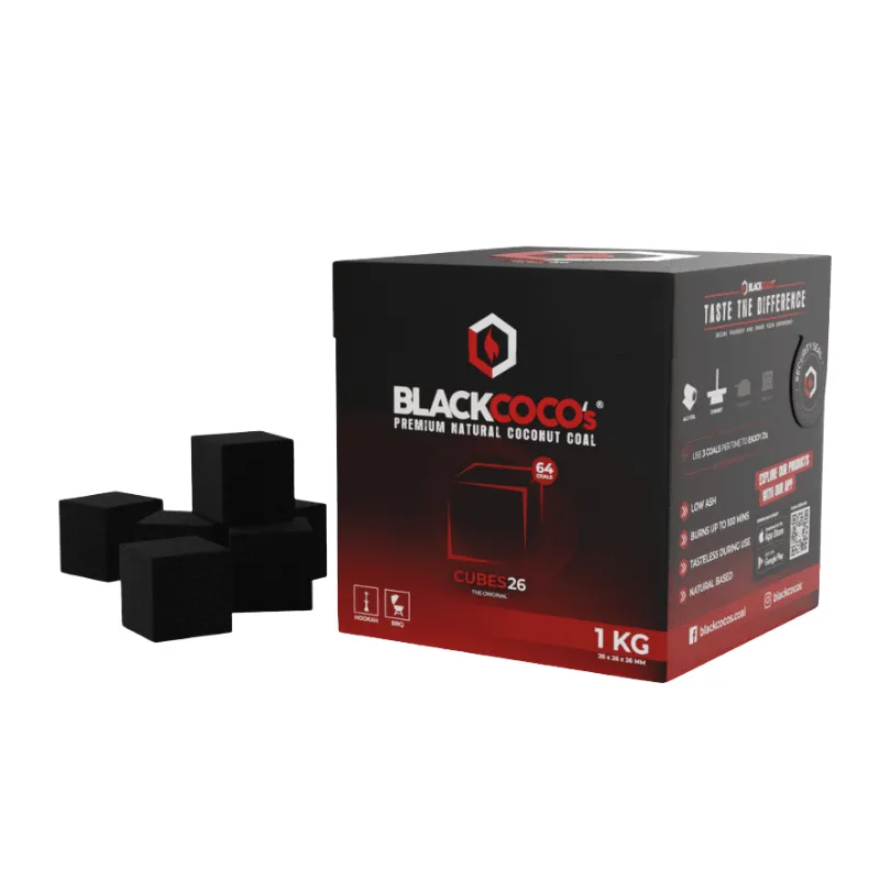Carbón Black Coco 20 KG en formato caja grande de coco natural premium con tamaño 26 mm para gestores Kaloud y Provost en The Good Shisha