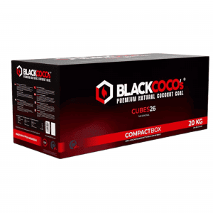 Carbón Black Coco 20 KG en formato caja grande de coco natural premium con tamaño 26 mm para gestores Kaloud y Provost en The Good Shisha