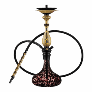 Japona Hookah Amur Yellow-Manganese cachimba rusa de gran tamaño verdadera obra maestra con mástil de madera tostada con formas enlazadas y partes en acero inoxidable, plato con parte de acero y madera y base de cristal soplado a mano con encaje a presión en The Good Shisha