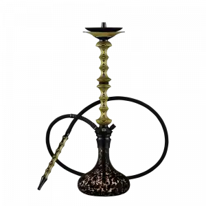 Japona Hookah Shuriken Yellow-Manganese cachimba rusa de gran tamaño verdadera obra maestra con mástil de madera tostada con formas enlazadas y partes en acero inoxidable, plato con parte de acero y madera y base de cristal soplado a mano con encaje a presión en The Good Shisha