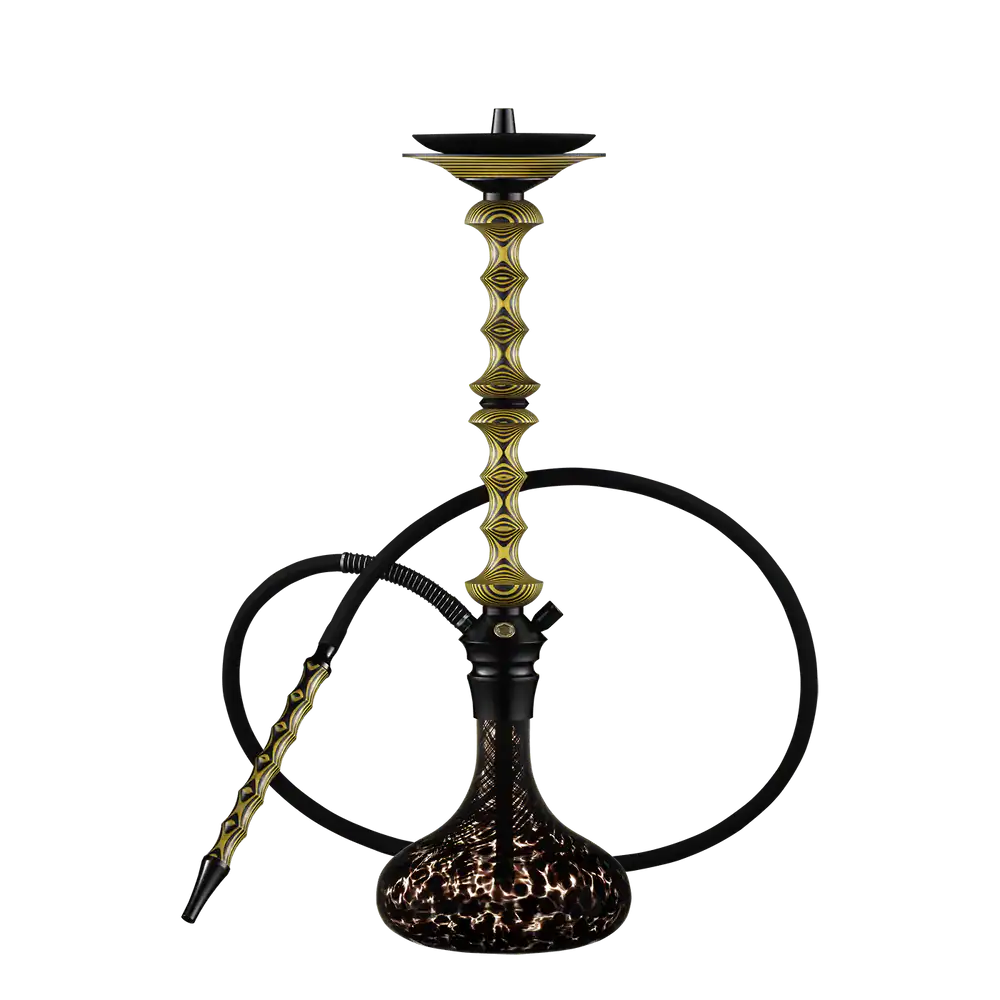 Japona Hookah Shuriken Yellow-Manganese cachimba rusa de gran tamaño verdadera obra maestra con mástil de madera tostada con formas enlazadas y partes en acero inoxidable, plato con parte de acero y madera y base de cristal soplado a mano con encaje a presión en The Good Shisha