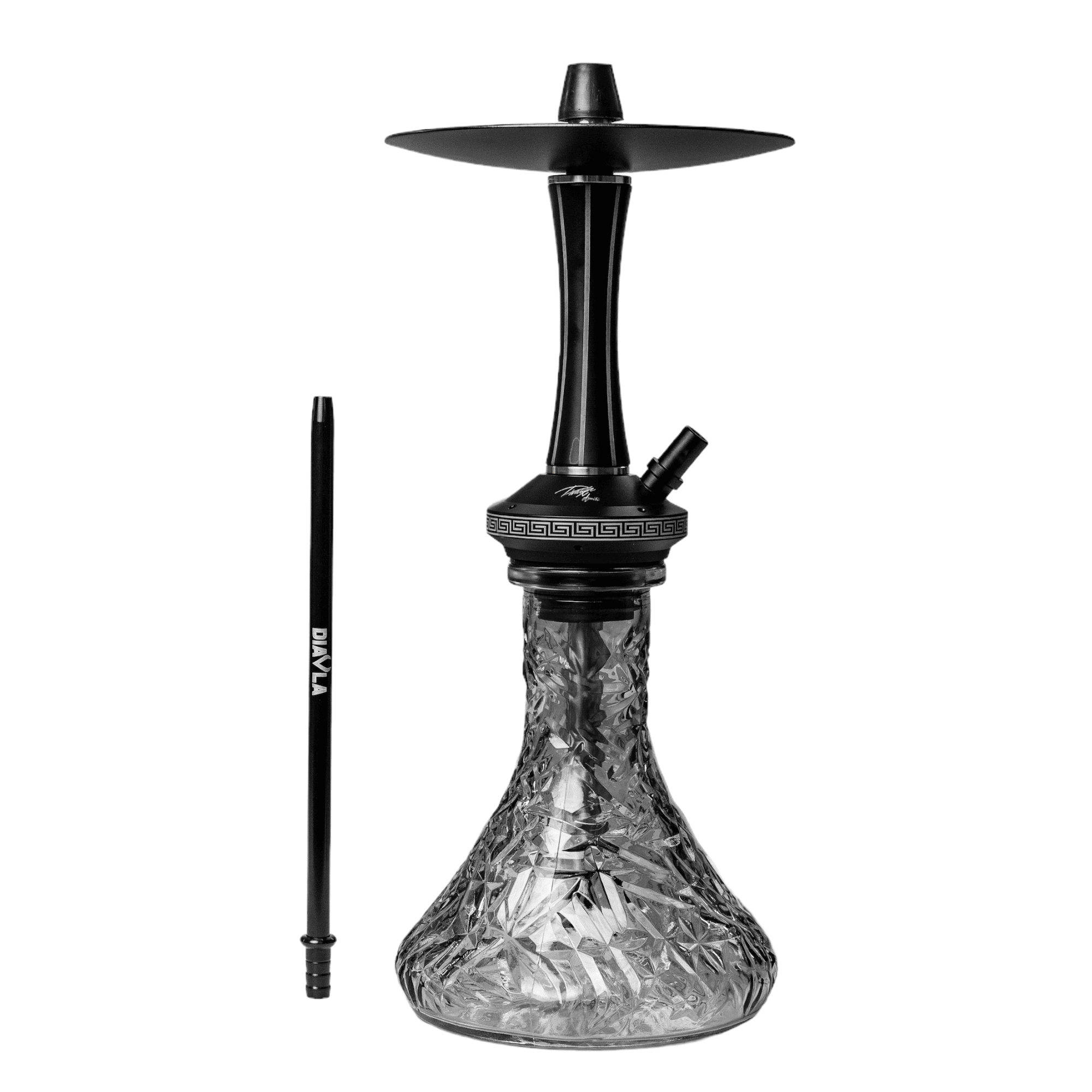 Cachimba Diavla x Dionibi edición limitada 250 unidades del modelo Turbo Mini de 38 cm en acero inoxidable V2A y poliacetal con purga Up-Down vertical, difusor regulable y base tallada en The Good Shisha