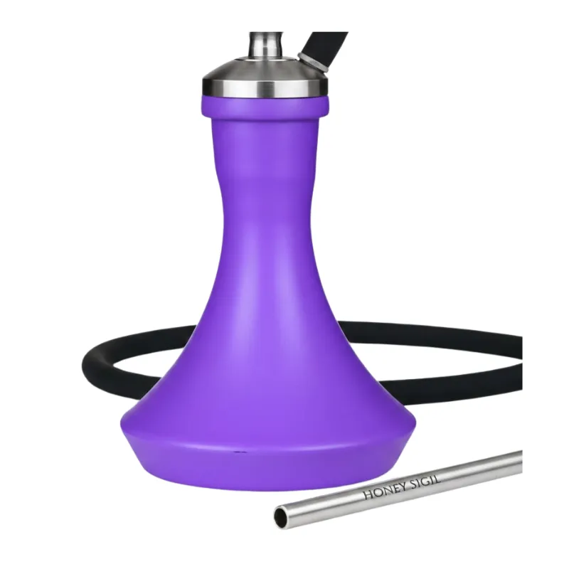 Cachimba Honey Sigh Mini Urban SW Purple rusa minimalista en acero inoxidable premium con purga vertical elegante, base SW Purple incluida, manguera de silicona y boquilla de acero inoxidable original de la marca en The Good Shisha