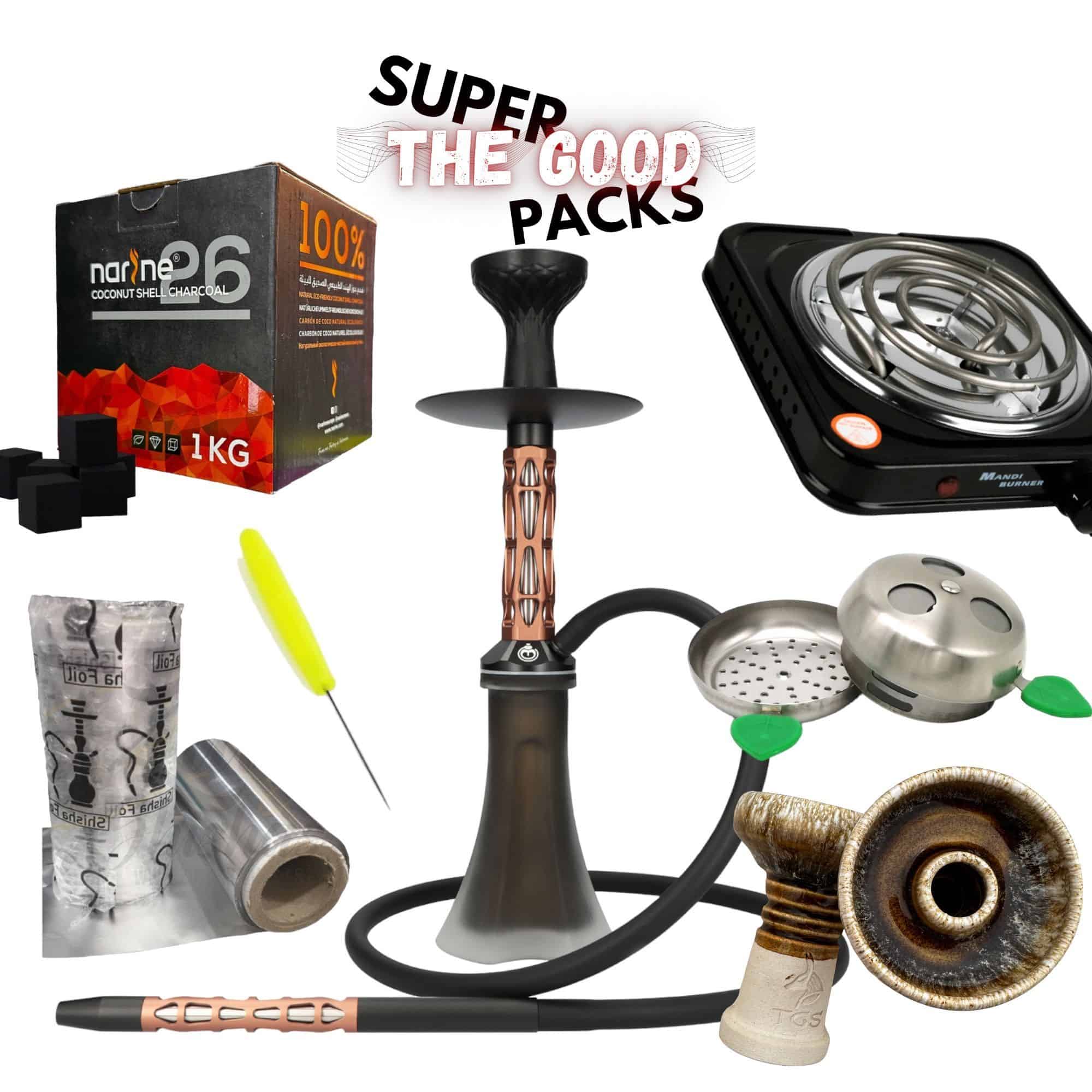 Pack cachimba El Badia Fantom francesa de 40 cm en aluminio inoxidable y acero inoxidable con difusor regulable, base Pata Elefante mini, cazoleta silicona, manguera, hornillo, cazoleta TGS Nilo, Provost y carbón en The Good Shisha