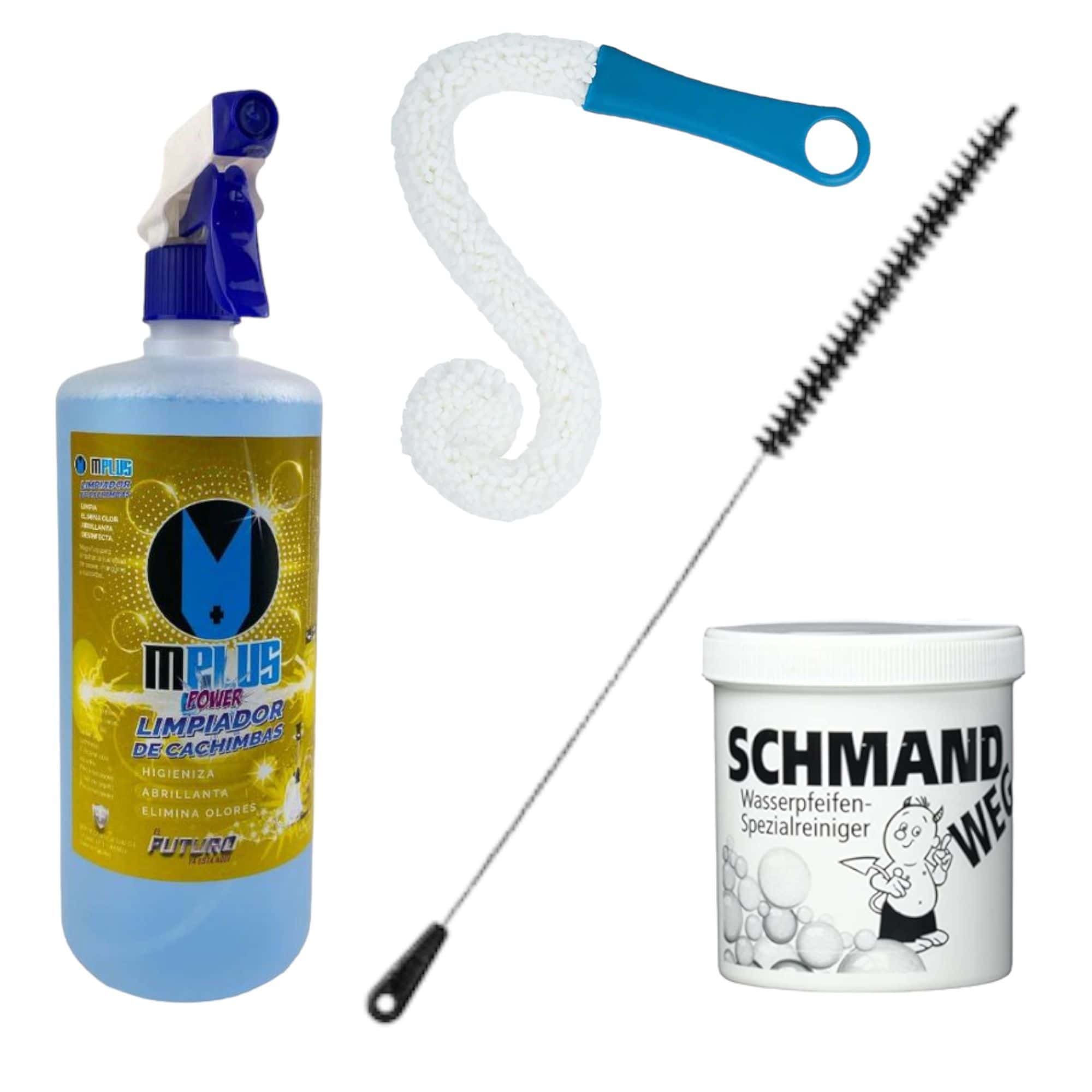Pack limpieza cachimba completo con 2 cepillos (uno para mástil y otro para base), soluciones de limpieza específicas para cachimbas e instrucciones detalladas en The Good Shisha