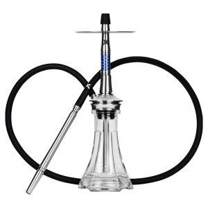 Cachimba KVZE Grid Mini Steel alemana de 45 cm creada por los influencers @kvssel y @hookaze fabricada completamente en acero inoxidable desde la cámara hasta la boquilla, con base Pata Elefante Mini artesanalmente elaborada mediante técnica de soplado, manguera Soft, difusor, bolas de purga y conector de cazoleta en The Good Shisha