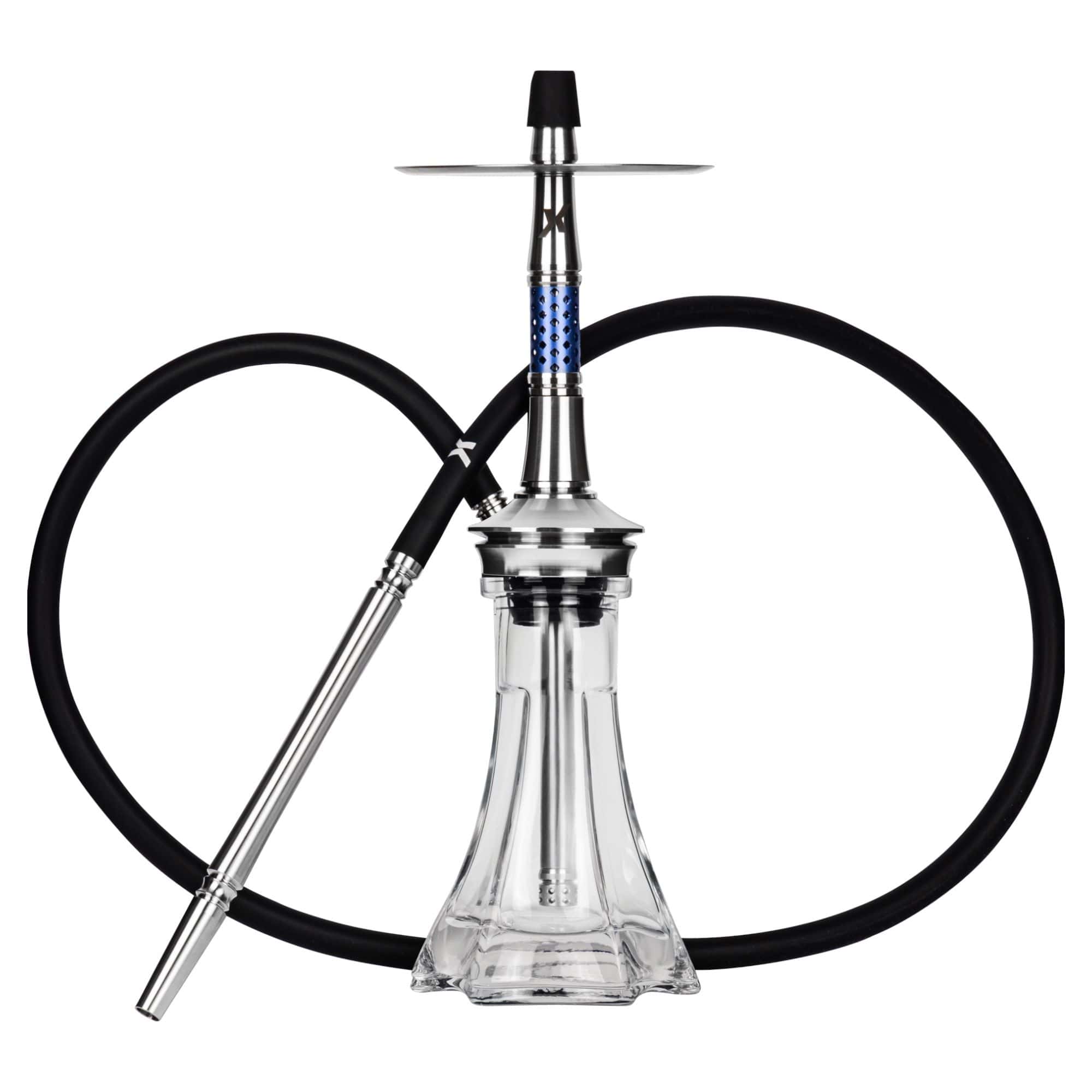 Cachimba KVZE Grid Mini Steel alemana de 45 cm creada por los influencers @kvssel y @hookaze fabricada completamente en acero inoxidable desde la cámara hasta la boquilla, con base Pata Elefante Mini artesanalmente elaborada mediante técnica de soplado, manguera Soft, difusor, bolas de purga y conector de cazoleta en The Good Shisha