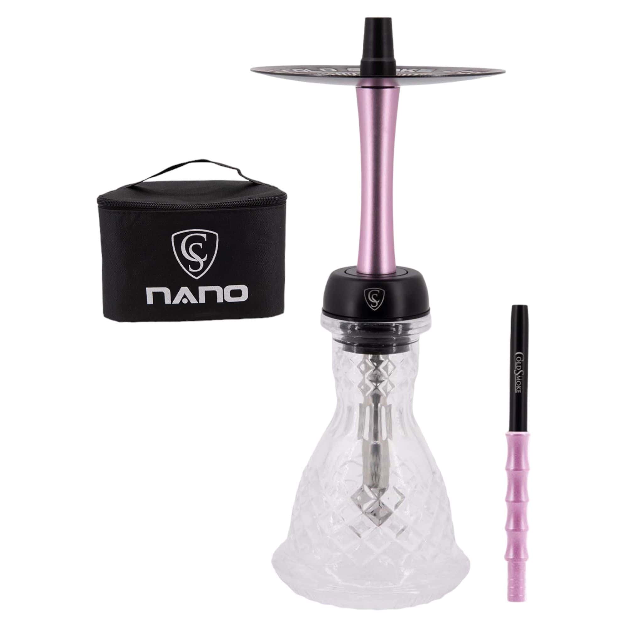 Cachimba Cold Smoke Nano portátil de la marca española Cold Smoke con bolsa de transporte, acero inoxidable, aluminio anodizado, base cristal tallada 18 cm y boquilla aluminio en The Good Shisha