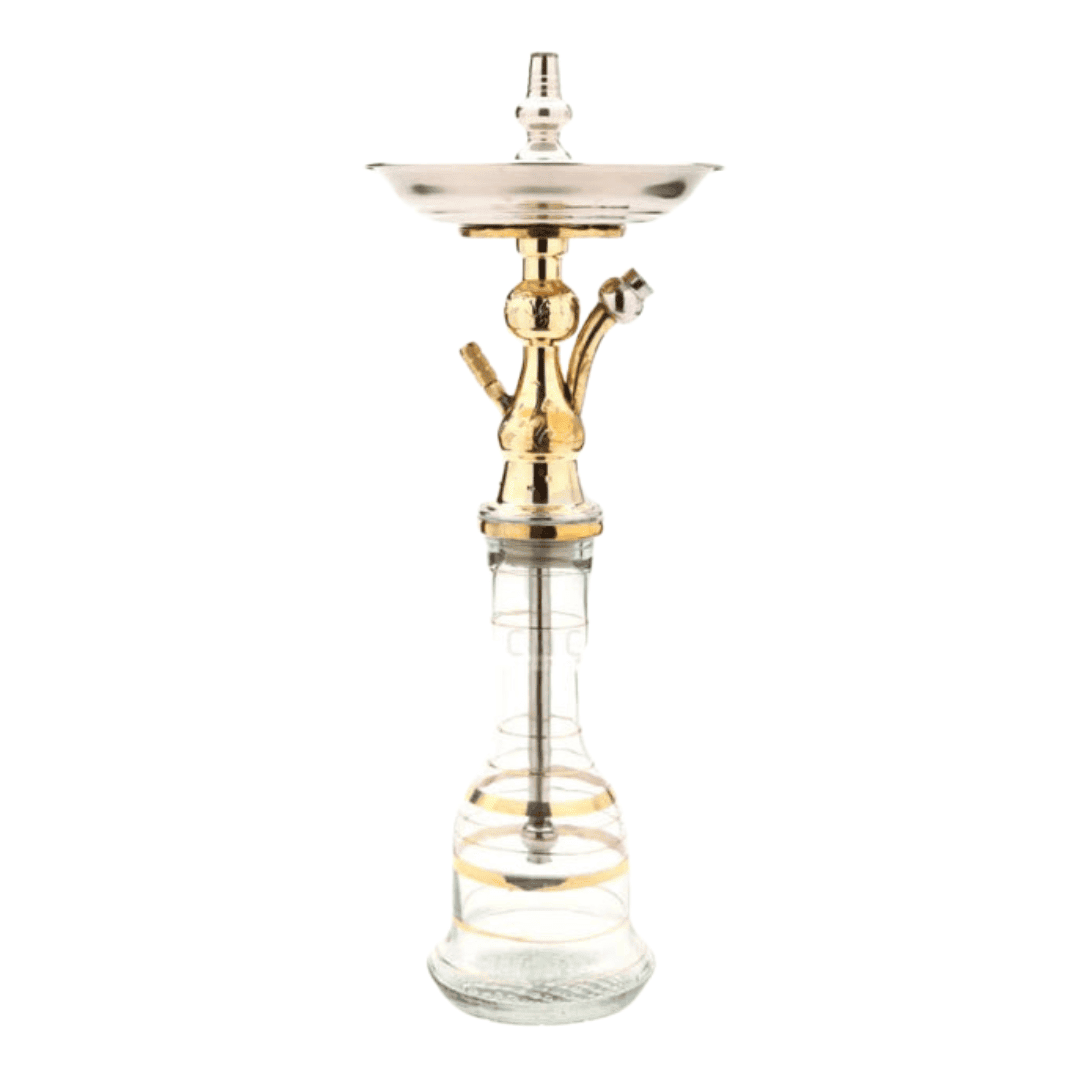Cachimba El Nefes Mini Moon turca artesanal de 57 cm con cuerpo en latón fundido, tubo de cobre en el tiro, base de cristal, plato de metal, pinzas pequeñas y juego de gomas en The Good Shisha