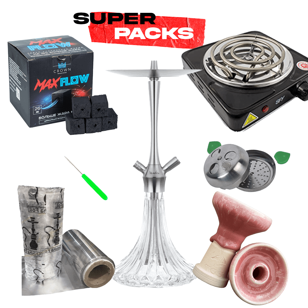 Pack cachimba Aladin A46 alemana en acero inoxidable de 46 cm con difusor regulable, hornillo eléctrico, cazoleta TGS Nilo, gestor Coldprov, papel aluminio grueso, punzón y carbón Max Flow en The Good Shisha
