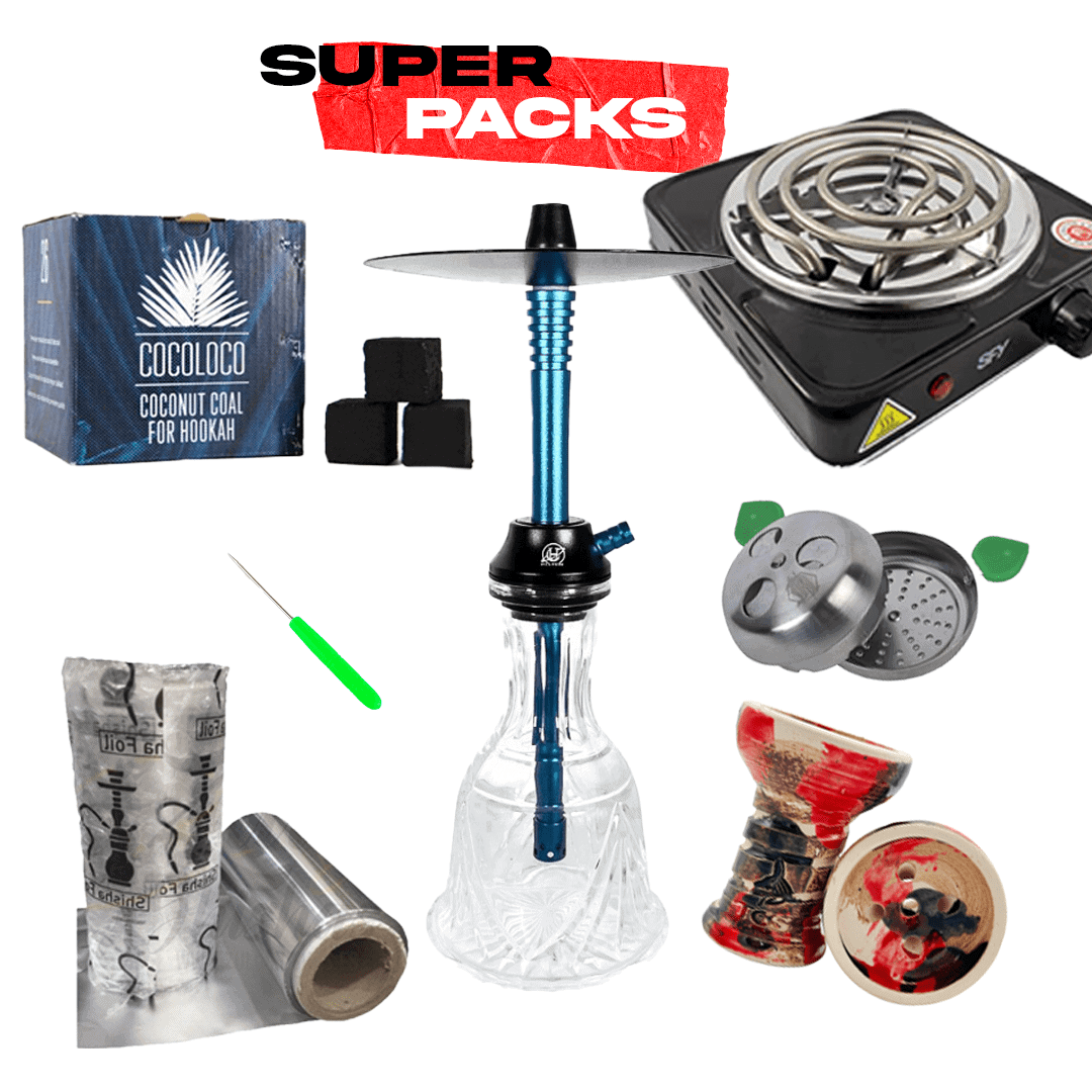 Pack cachimba Helium Nova de aluminio con base tallada, hornillo eléctrico, cazoleta de calidad, gestor de calor, manguera, pinzas y carbón en The Good Shisha