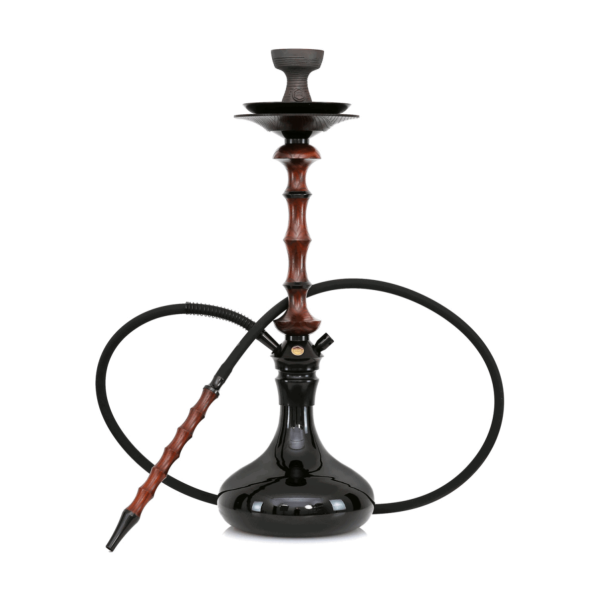 Cachimba Japona Hookah Lotus rusa premium de 62 cm inspirada en la arquitectura tradicional japonesa, fabricada en madera vengué tratada al agua, con cámara en aluminio anodizado y acero inoxidable y base de cristal templado negro brillante en The Good Shisha