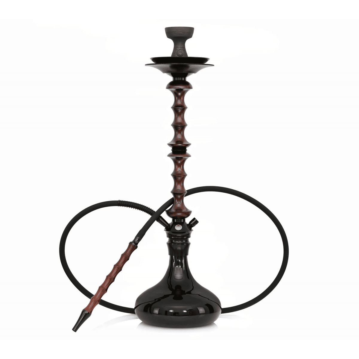 Cachimba Japona Hookah Shuriken Vengue rusa premium de 72 cm la más alta del catálogo, inspirada en la arquitectura tradicional japonesa, fabricada en madera vengué tratada al agua, con cámara en aluminio anodizado y acero inoxidable y base de cristal templado negro brillante en The Good Shisha