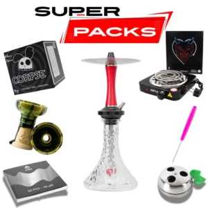 Pack cachimba Diavla Hookah Turbo en acero inoxidable V2A con cámara de poliacetal y fibra de carbono, sistema de purga 16 salidas, base tallada, hornillo, cazoleta TGS Nilo, Provost y carbón en The Good Shisha