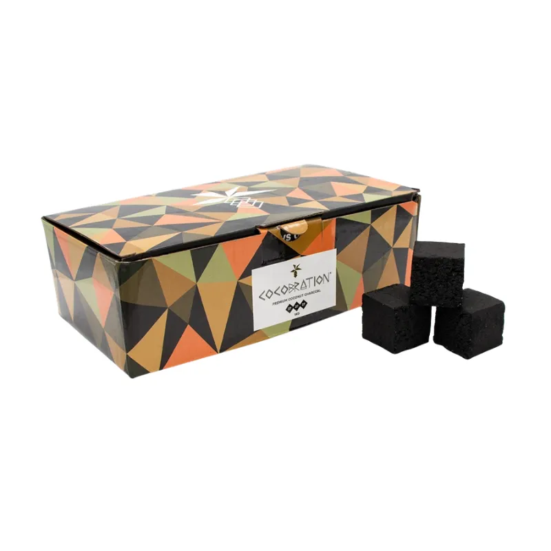 Caja 20 kilos Cocobration 27mm de carbón natural premium de cáscara de coco indonesio en formato cubo 27x27 mm sin aditivos químicos en The Good Shisha
