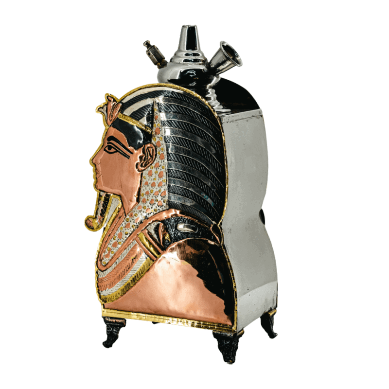 Cachimba Farida Hookah Tut Mask egipcia artesanal elaborada a mano en Egipto en acero inoxidable, latón y cobre, 40 cm con diseño ancho y bajo estable inspirada en la máscara funeraria de Tutankamón en The Good Shisha