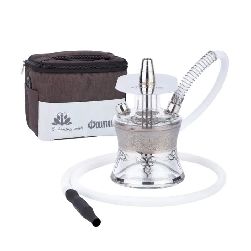Cachimba El Nefes Oduman N2 Travel Platinum compacta con cuerpo de cristal, detalles en acero inoxidable y bolsa de viaje incluida