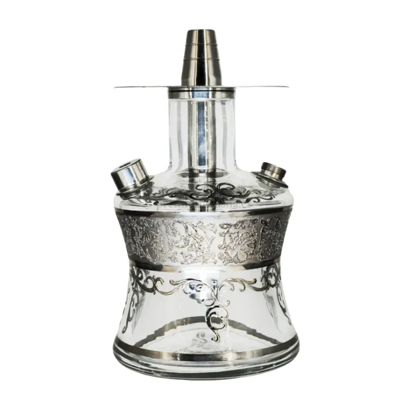 Cachimba El Nefes Oduman N2 Travel Platinum compacta con cuerpo de cristal, detalles en acero inoxidable y bolsa de viaje incluida