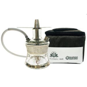 Cachimba El Nefes Oduman N2 Travel Platinum compacta con cuerpo de cristal, detalles en acero inoxidable y bolsa de viaje incluida