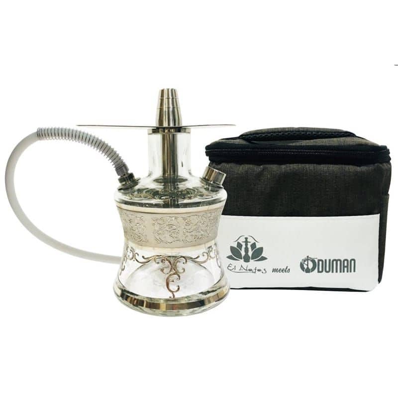 Cachimba El Nefes Oduman N2 Travel Platinum compacta con cuerpo de cristal, detalles en acero inoxidable y bolsa de viaje incluida