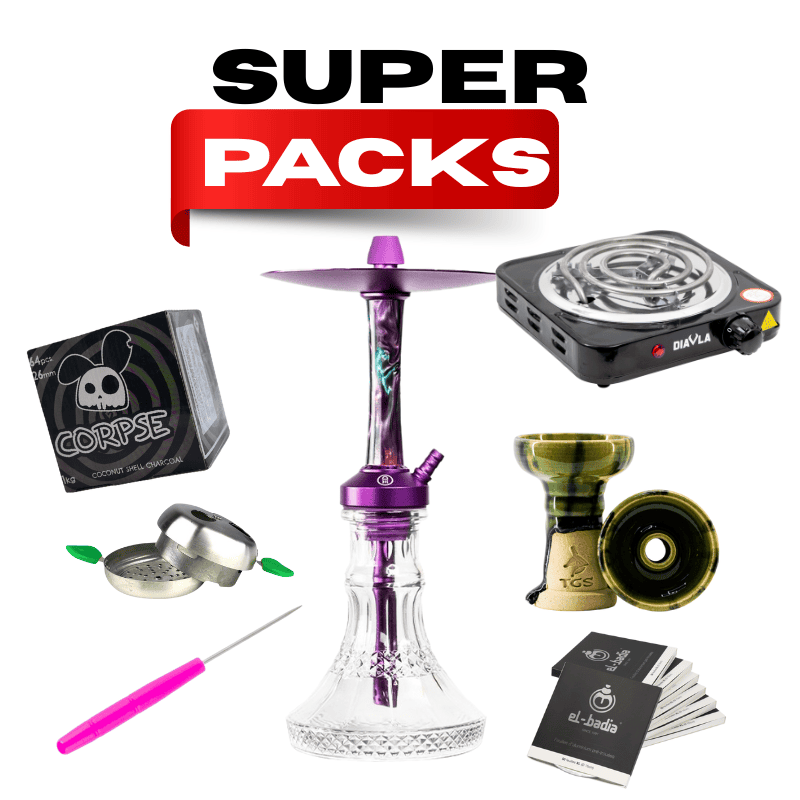 Pack cachimba Medusa Moon de aluminio con base tallada, hornillo, cazoleta, gestor de calor, manguera, pinzas y carbón en The Good Shisha