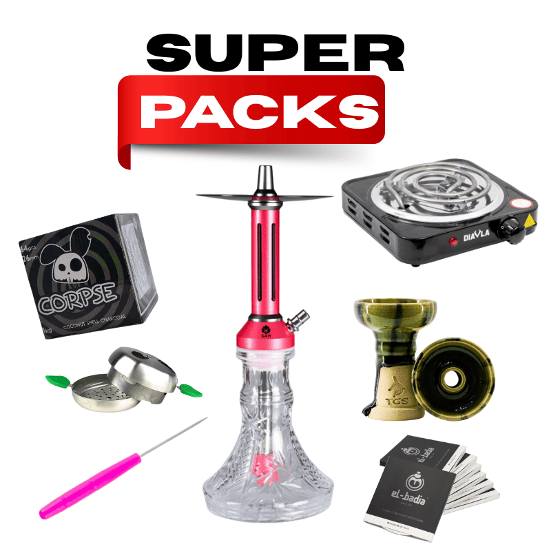 Pack cachimba Zar Rasputin de aluminio con base tallada, hornillo eléctrico, cazoleta TGS, gestor de calor, manguera, pinzas y carbón en The Good Shisha
