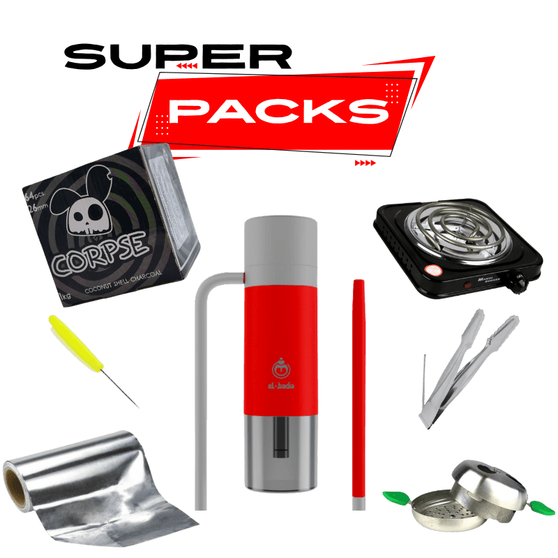 Pack cachimba El Badia P1 en aluminio con cazoleta, hornillo eléctrico 1000W, gestor de calor, manguera, pinzas, papel aluminio y carbón en The Good Shisha
