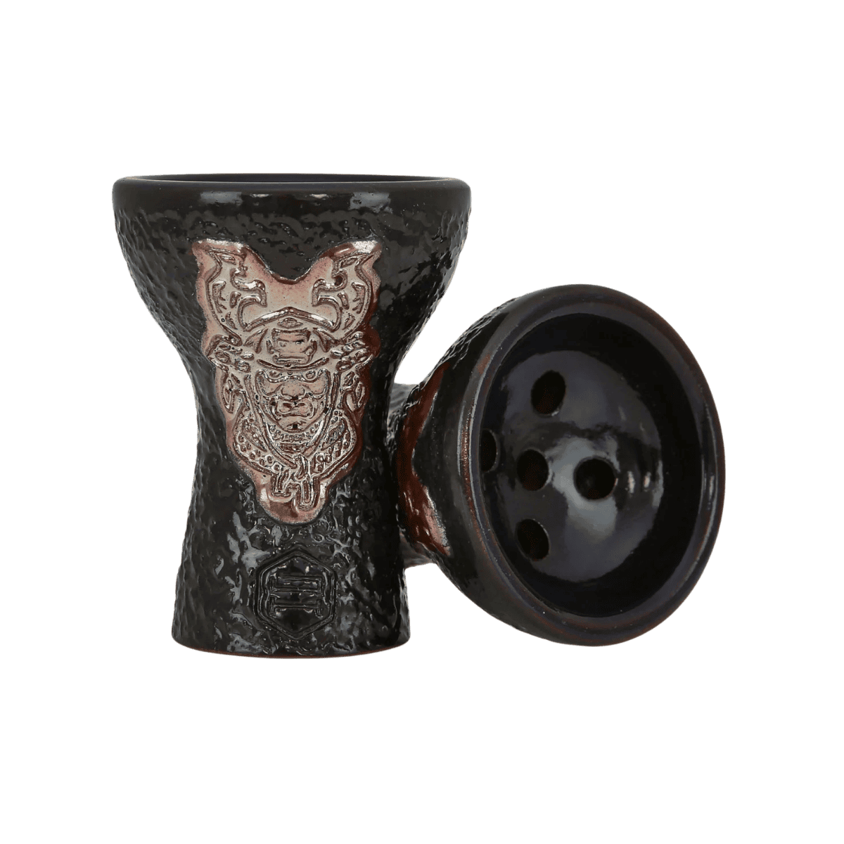 Cazoleta Japona Hookah Samurai Gold en barro esmaltado dorado, ideal para altas temperaturas, sesiones largas y sabor intenso.
