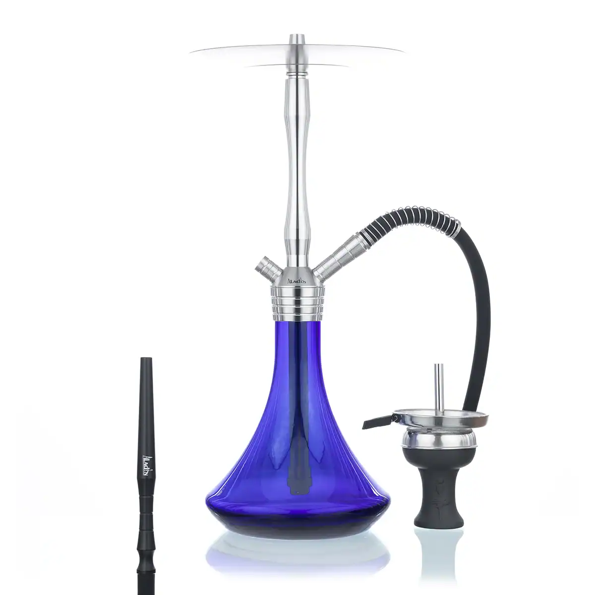 Cachimba Aladin MVP 460 en acero inoxidable con tiro ajustable, conector magnético, base tallada y accesorios incluidos.