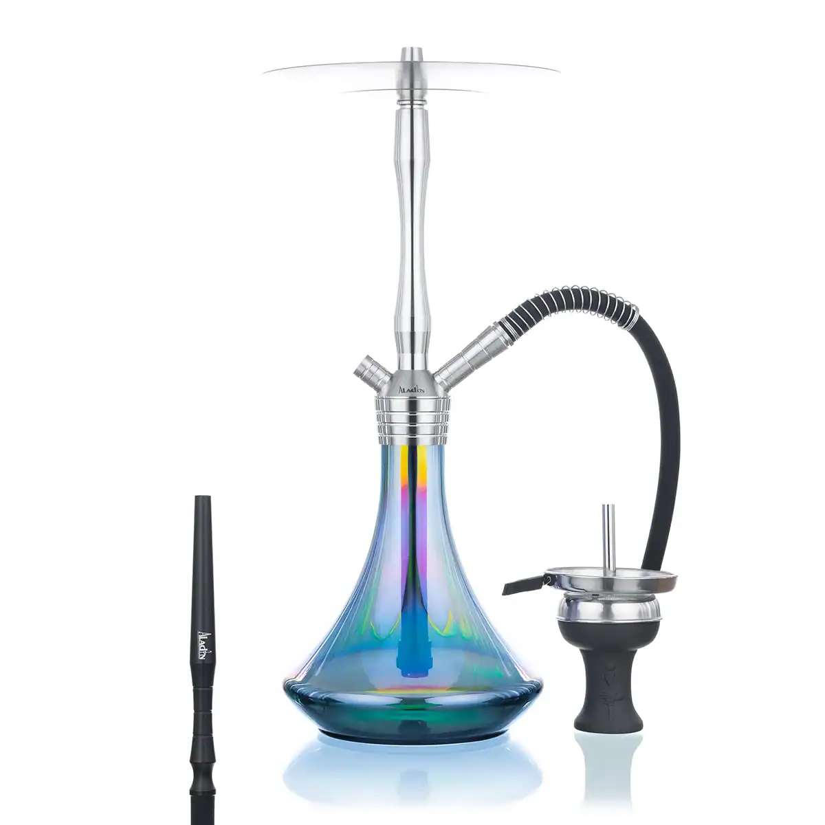 Cachimba Aladin MVP 460 en acero inoxidable con tiro ajustable, conector magnético, base tallada y accesorios incluidos.