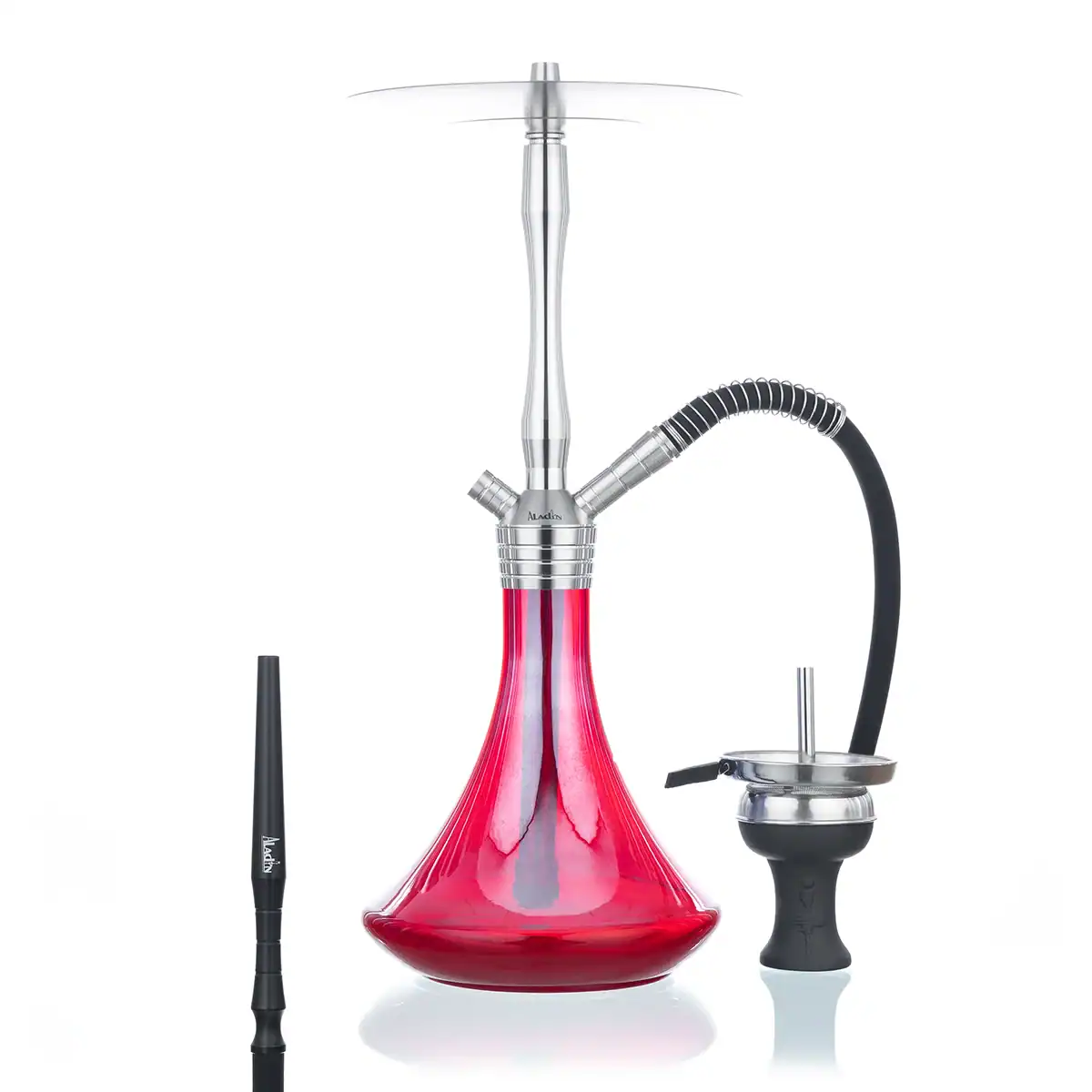 Cachimba Aladin MVP 460 en acero inoxidable con tiro ajustable, conector magnético, base tallada y accesorios incluidos.