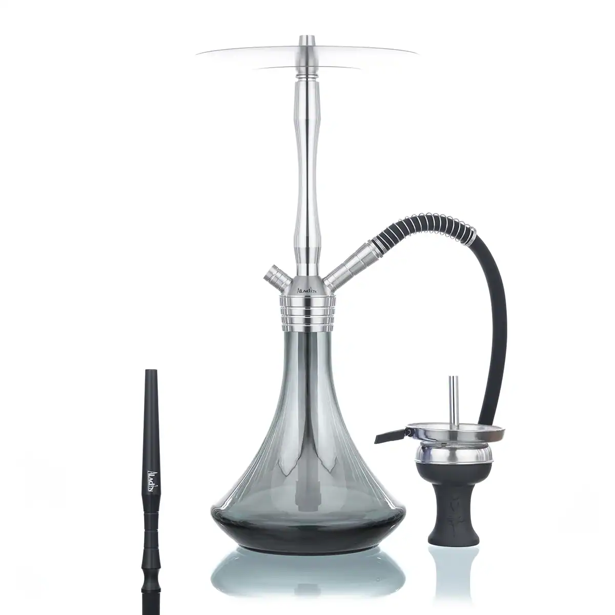 Cachimba Aladin MVP 460 en acero inoxidable con tiro ajustable, conector magnético, base tallada y accesorios incluidos.