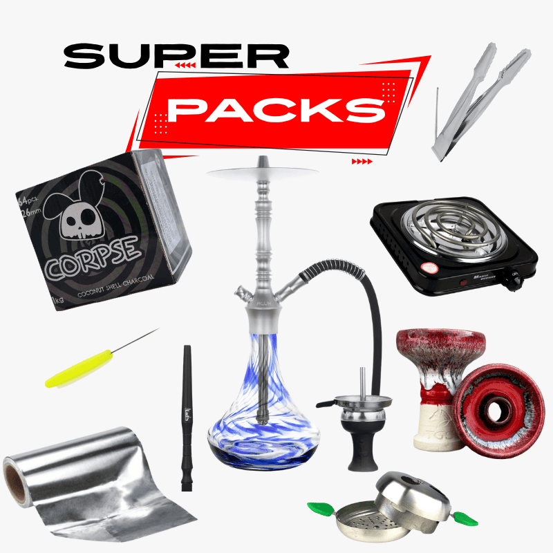 Pack cachimba Aladin Alux M2 en aluminio con base decorada, hornillo eléctrico, cazoleta TGS, gestor de calor, manguera, papel aluminio y carbón en The Good Shisha