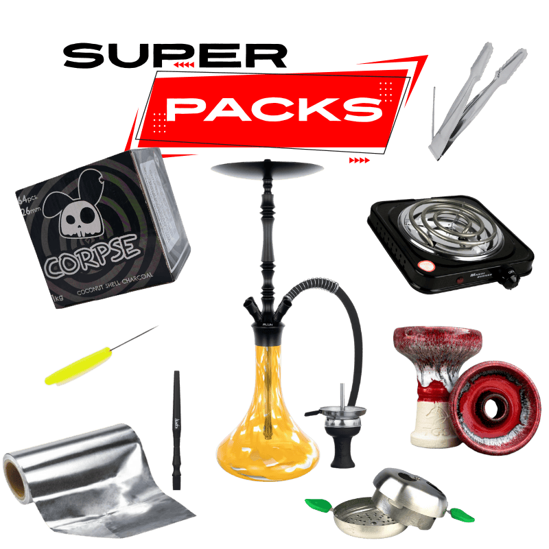 Pack cachimba Aladin Alux M4 en aluminio con base decorada, hornillo 1000W, cazoleta TGS Nilo, cazoleta de barro blanca, gestor de calor, manguera y carbón en The Good Shisha