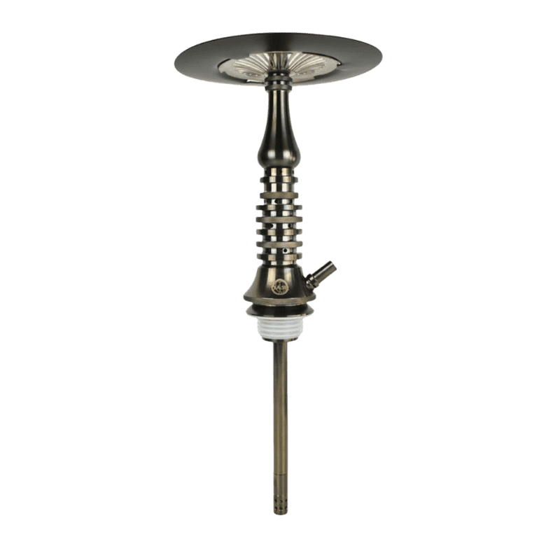 Cachimba Iron Dash futurista en acero inoxidable V2A con zonas circulares segmentadas, tubo de inmersión ajustable en altura, purga horizontal en mástil y plato innovador anti-apagado en The Good Shisha