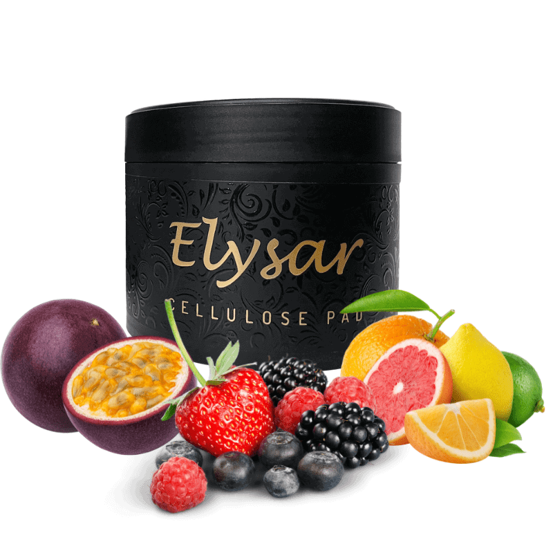 Bote de tabaco Elysar Love 69 de 200 g, rodeado de frutas tropicales y cítricos como maracuyá, fresa, frutos rojos, lima y pomelo.
